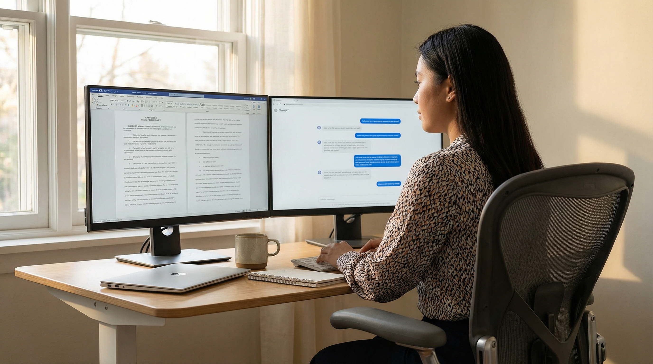 Professional remote legal assistant with dual monitor AI setup